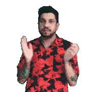 a man with a beard wearing a red and black shirt is clapping his hands