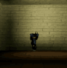 a cartoon character is standing in a dark room with a brick wall behind him