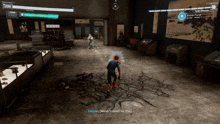 a video game screen shows a man in a spiderman suit talking to another man