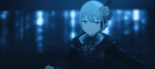 a girl with a rose in her hair stands in the dark