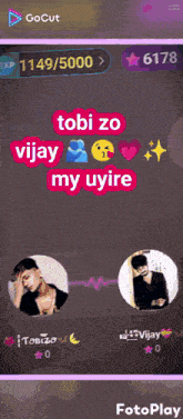a screenshot of a video game with the words tobi zo vijay my uyire on it