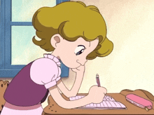 a girl is writing on a piece of paper with a pencil