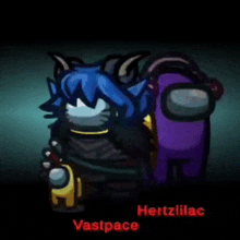 a cartoon of a cat and a purple among us character named vastspace