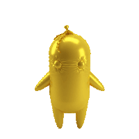 a gold balloon shaped like a penguin with a sun on it 's head
