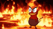a cartoon devil is standing in the middle of a fire .