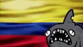 a cartoon of a shark with its mouth open in front of a colombia flag