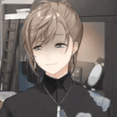 a girl with a ponytail and a necklace is smiling in front of a bunk bed