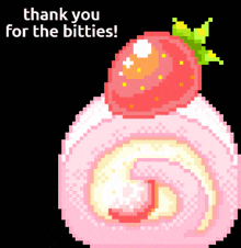a pixel art of a strawberry cake with the words thank you for the bitties below it