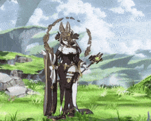 a video game character is standing in a grassy field holding a staff