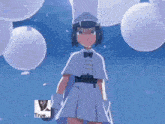 a girl in a white dress and hat is standing in front of a blue sky surrounded by white balloons .