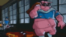 a cartoon of a pig wearing sunglasses and a blue shirt .