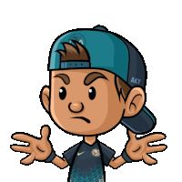 a cartoon boy wearing a blue hat with aky written on it
