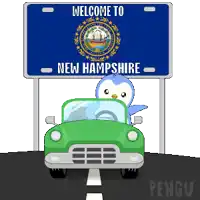 a welcome to new hampshire sign with a penguin driving a green car