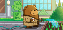 a cartoon of a bear watering plants with a sign that says boi the bear in the background