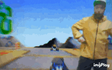 a man in a yellow jacket is standing on a road with a car in the background and the words imgplay on the bottom right