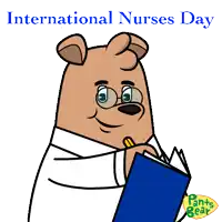 a cartoon of a bear holding a book with the words international nurses day behind him