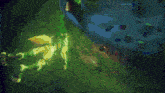a video game character is swimming in the water with a sword in his hand