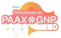 a logo that says disfrutando en paax gnp with a trombone