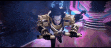 a cartoon character is flying through the air with a sword in his hand .