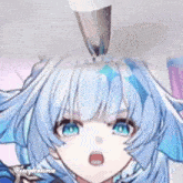 a close up of a blue haired anime girl 's face with a pen in her head .