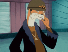 a cartoon of a fox wearing a helmet and a necklace