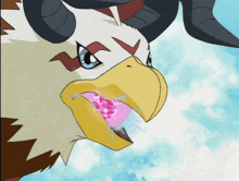 a cartoon of an eagle with horns and a pink flower in its beak