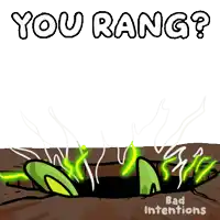 a cartoon of a green bunny with the words " you rang " below it