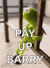 kermit the frog is sitting on a railing with the words `` pay up barry '' .