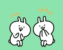 two cartoon rabbits are sitting next to each other on a green background with an orange cross above them