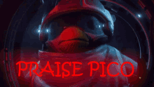 a red sign that says praise pico with a person in the background