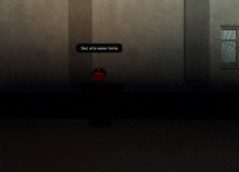 a person in a red hat is standing in a dark room with a speech bubble that says " exc eta mimi typa "
