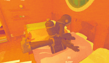 a cartoon drawing of a person laying on a bed with a bottle on their back