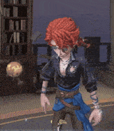 a cartoon character with red hair and blue eyes holds a globe
