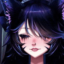 a close up of a anime girl with purple hair