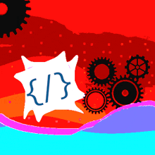 a colorful background with gears and a star with a blue bracket