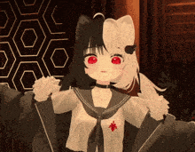 a black and white anime girl with red eyes is wearing a sailor uniform