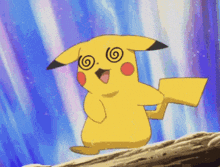 a pikachu with a spiral in its eyes is standing on a rock