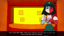 a cartoon character says " let 's cut the crap " in front of a yellow background