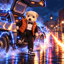 a dog in a tuxedo is getting out of a car