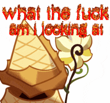 a cartoon ice cream cone with the words " what the fuck am i looking at "