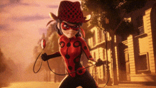 ladybug is wearing a cowboy hat and holding a whip in her hand .