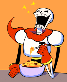 a cartoon of papyrus eating noodles with a spoon