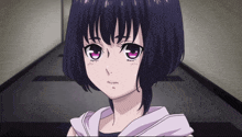 a girl with purple hair and pink eyes is looking at the camera