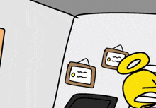 a cartoon drawing of a person looking at a mirror in a room