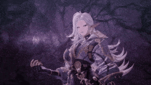 a woman with long white hair is standing in a dark room