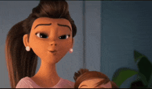 a cartoon woman is holding a child in her arms and making a funny face .