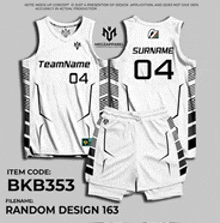 a white basketball jersey and shorts with a team name and number on the back .