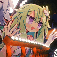 a drawing of a girl with green hair and purple eyes holding a guitar