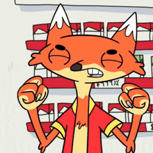a cartoon of a fox wearing a red shirt that says ' ew ' on it