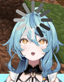 a girl with blue hair and yellow eyes has a loading screen above her head